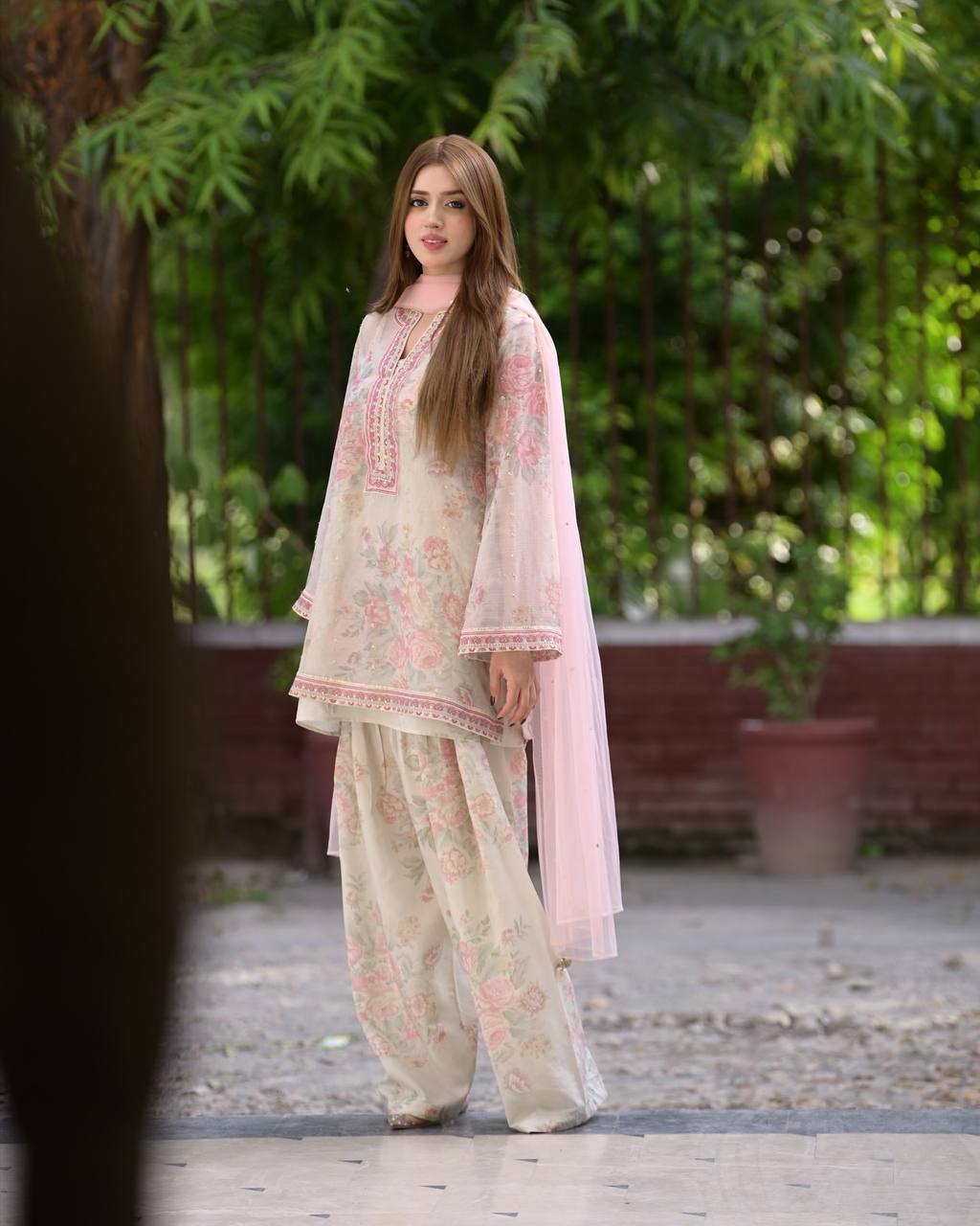 Beige Designer Digital Printed Georgette Suit Set with Farshi Plazzo & Net Dupatta