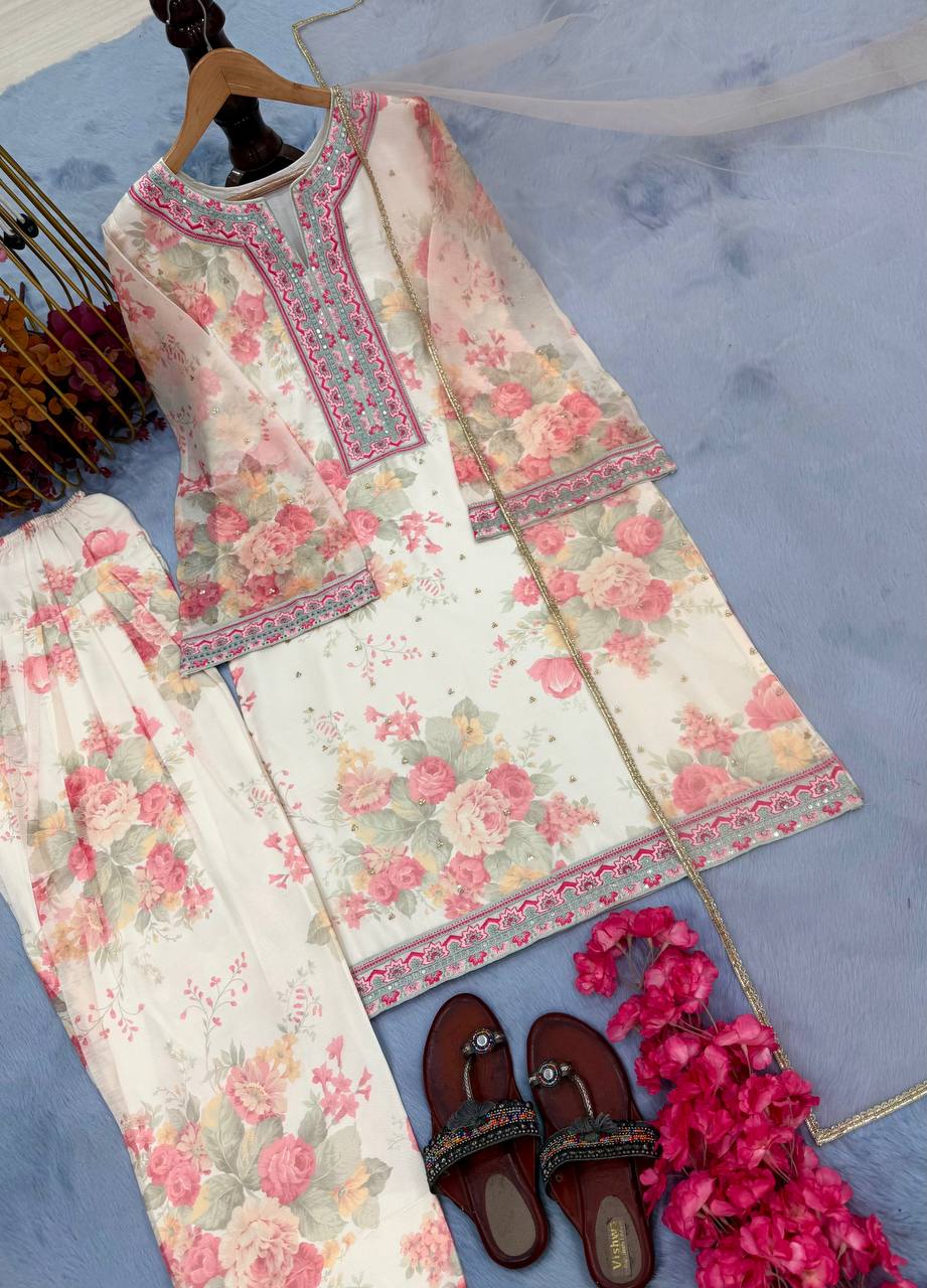 Beige Designer Digital Printed Georgette Suit Set with Farshi Plazzo & Net Dupatta