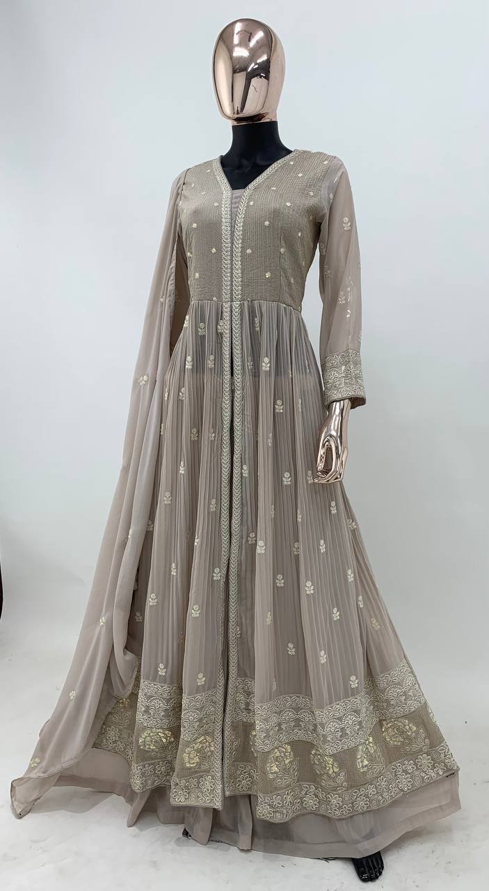Beige Elegant Faux Georgette Embroidered Gown Set with Dupatta