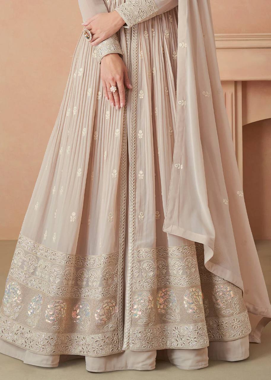 Beige Elegant Faux Georgette Embroidered Gown Set with Dupatta