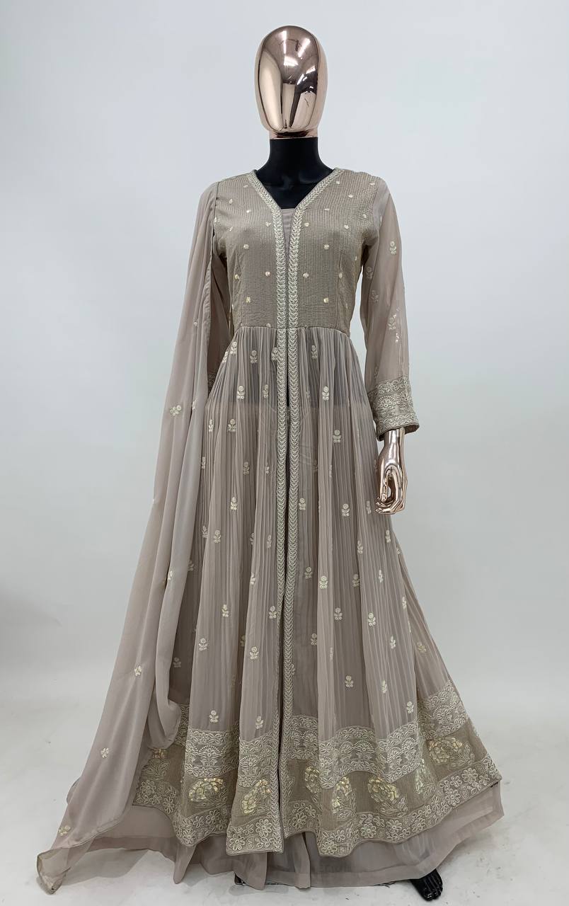 Beige Elegant Faux Georgette Embroidered Gown Set with Dupatta