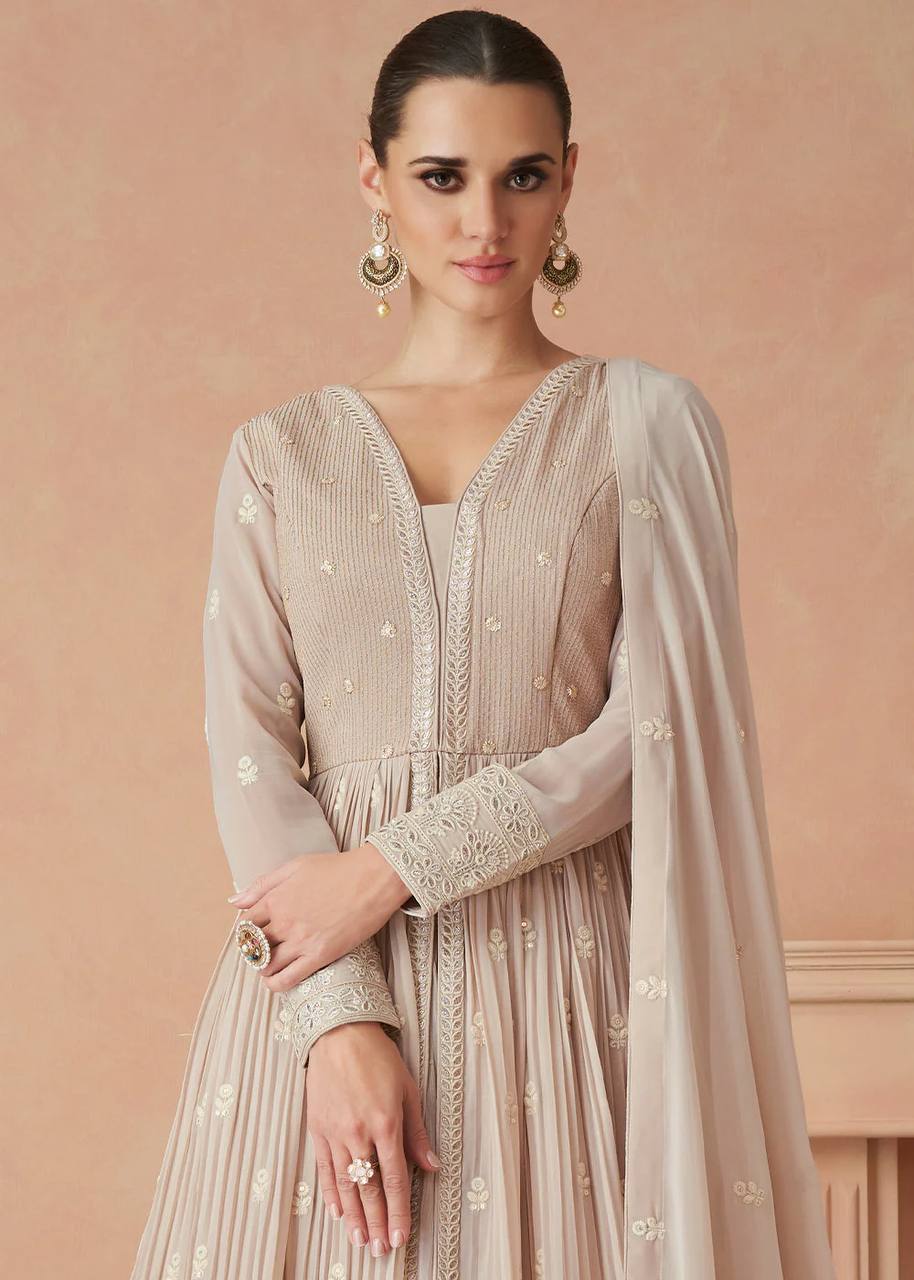 Beige Elegant Faux Georgette Embroidered Gown Set with Dupatta