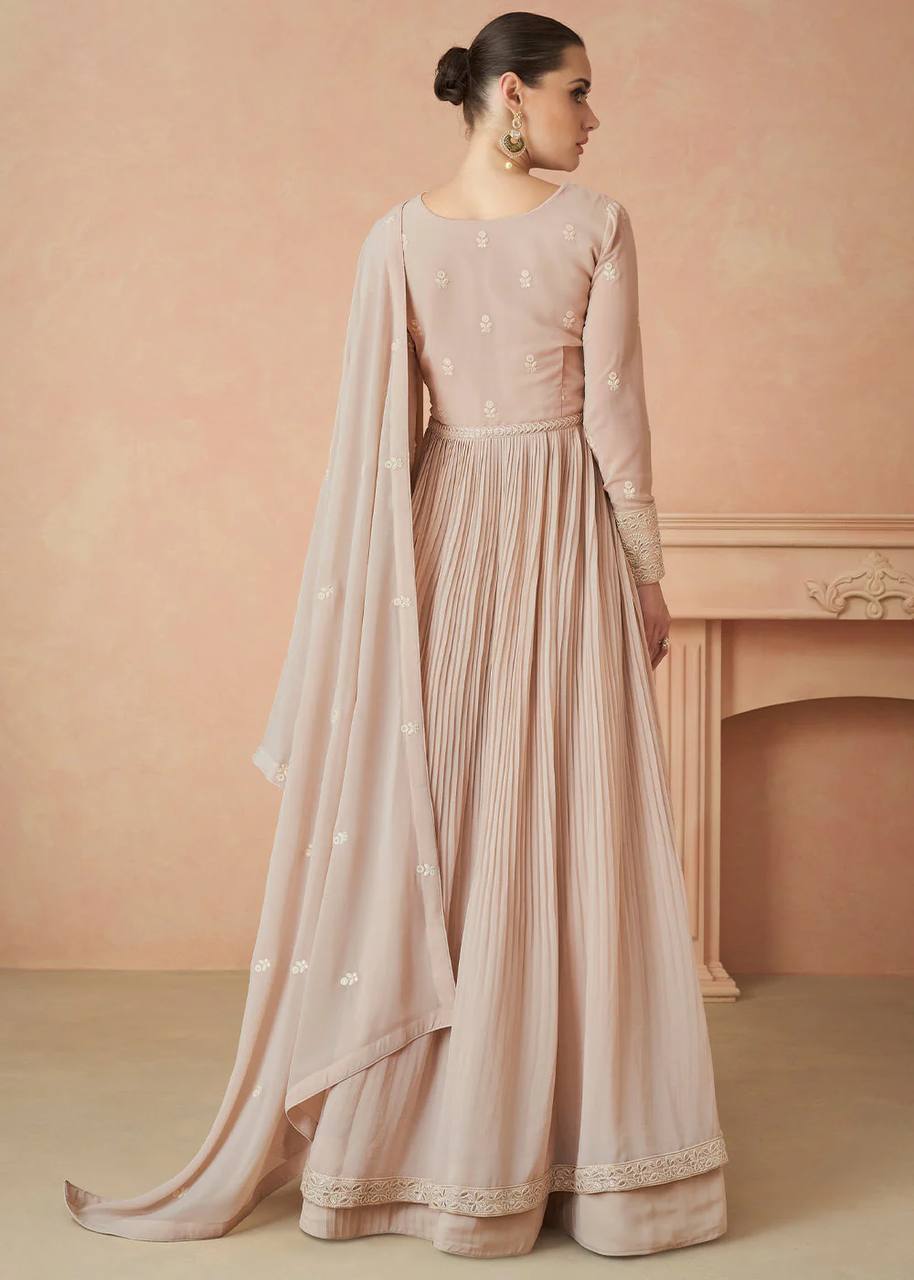 Beige Elegant Faux Georgette Embroidered Gown Set with Dupatta
