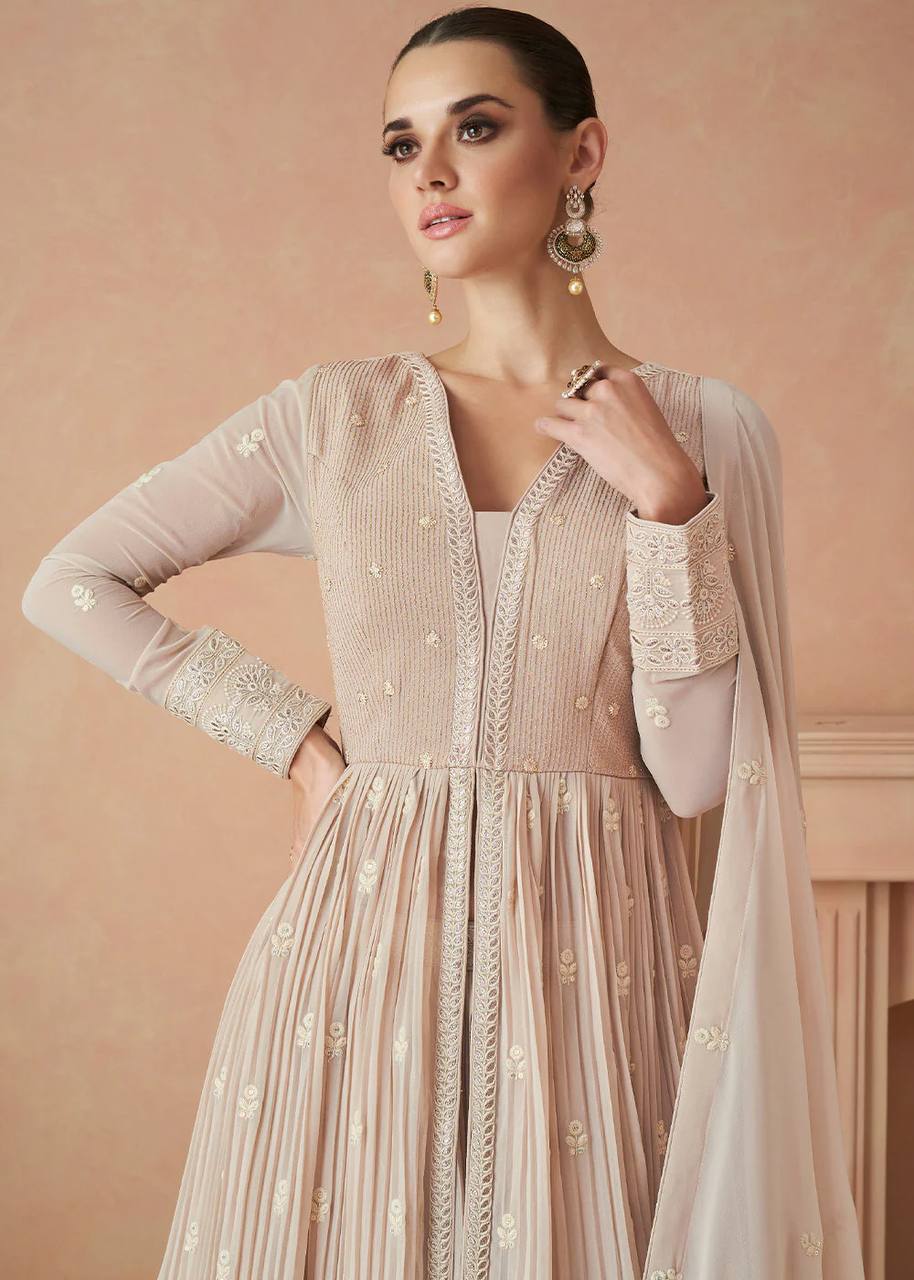 Beige Elegant Faux Georgette Embroidered Gown Set with Dupatta