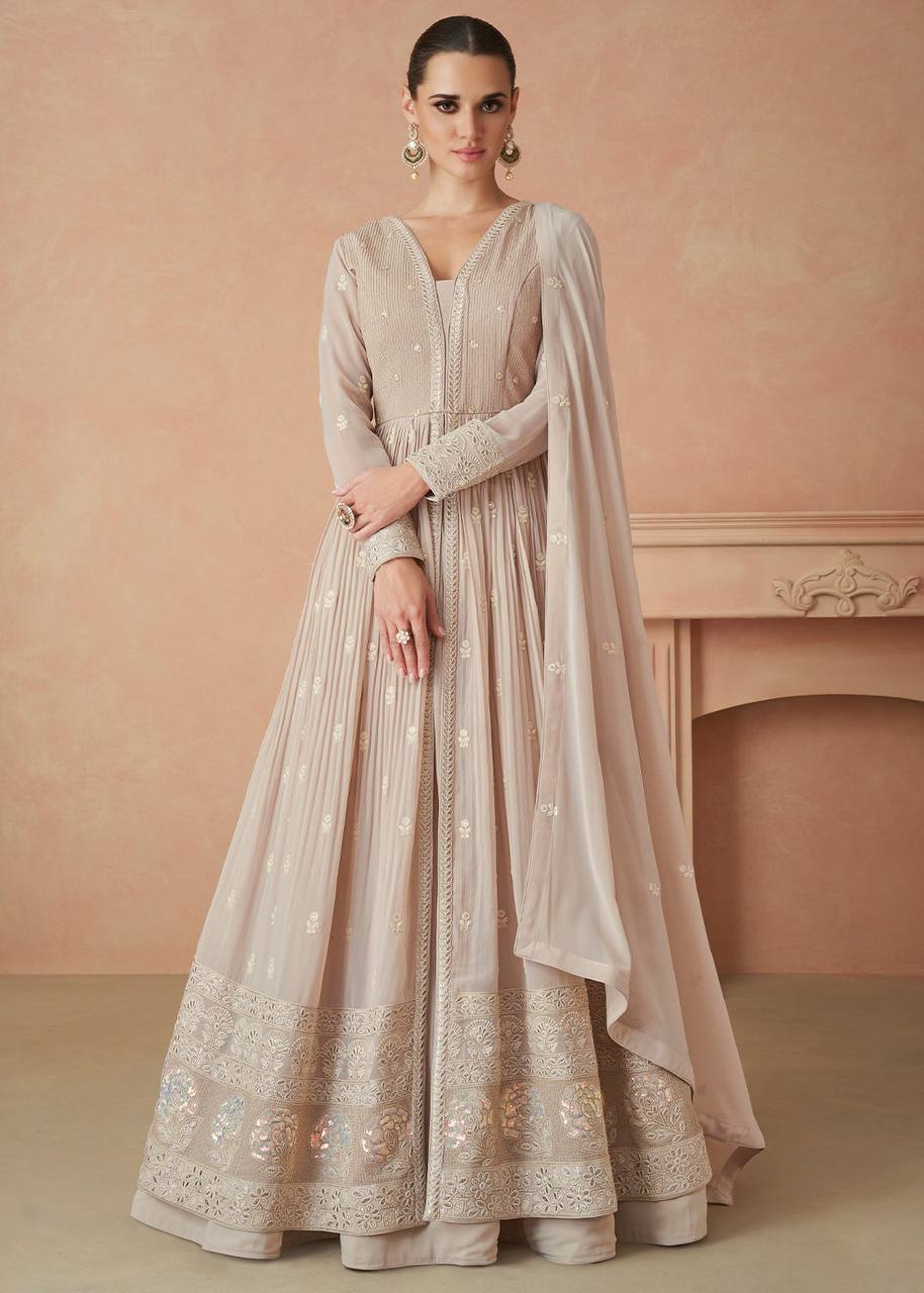 Beige Elegant Faux Georgette Embroidered Gown Set with Dupatta