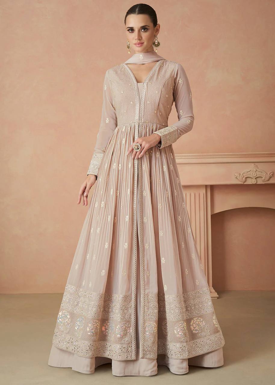 Beige Elegant Faux Georgette Embroidered Gown Set with Dupatta