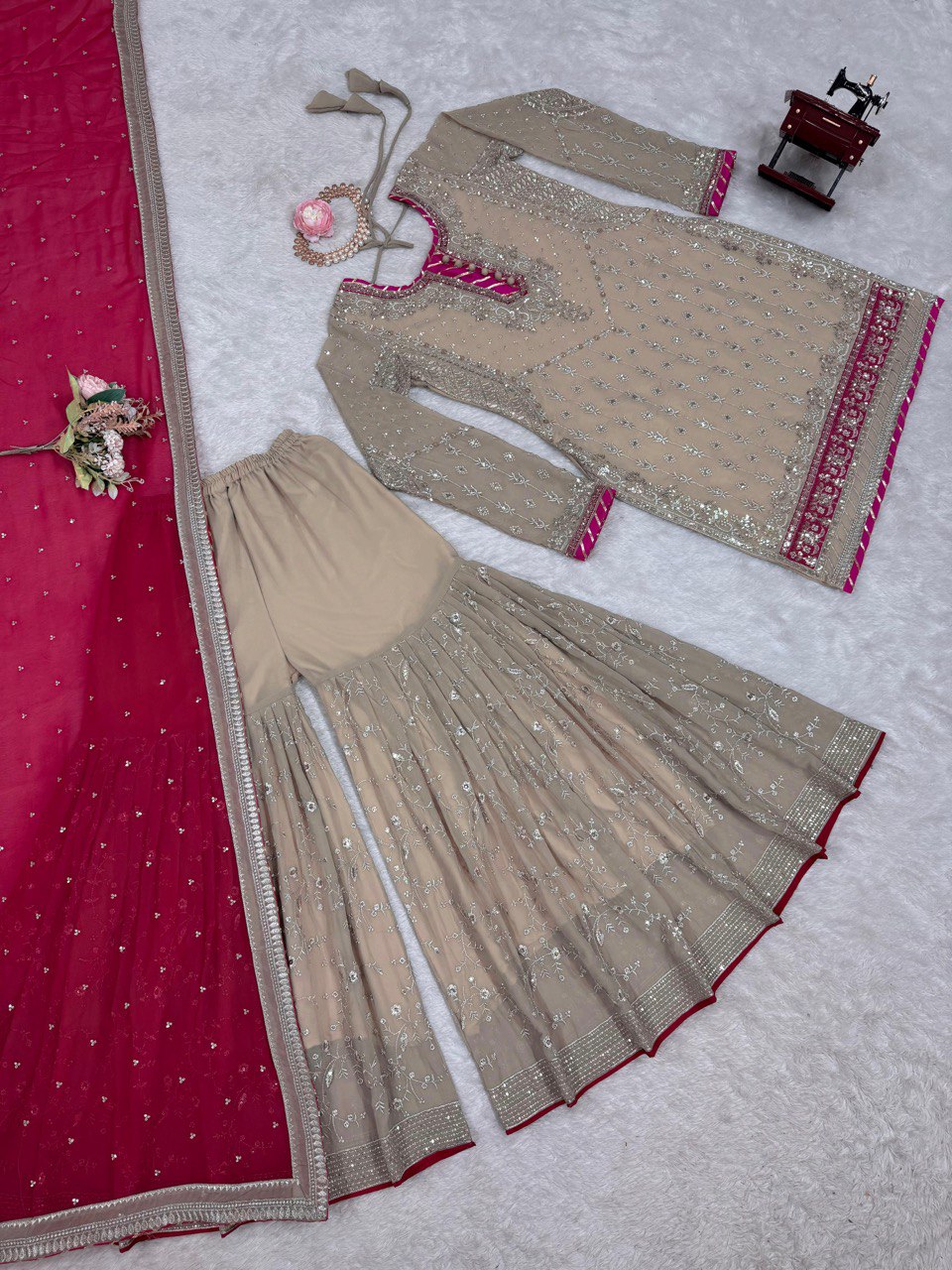 Beige Elegant Faux Georgette Sharara Set with Dupatta