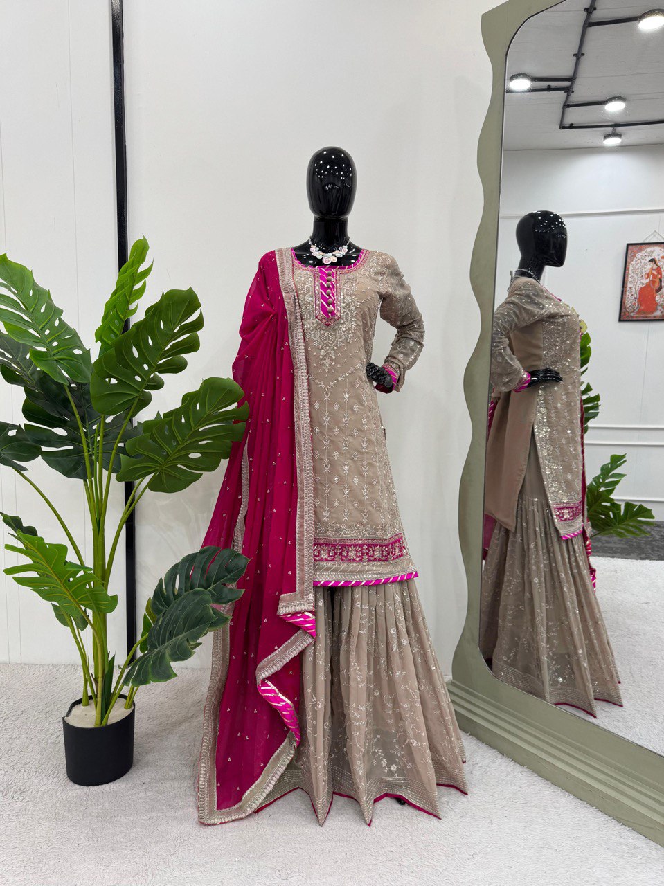 Beige Elegant Faux Georgette Sharara Set with Dupatta