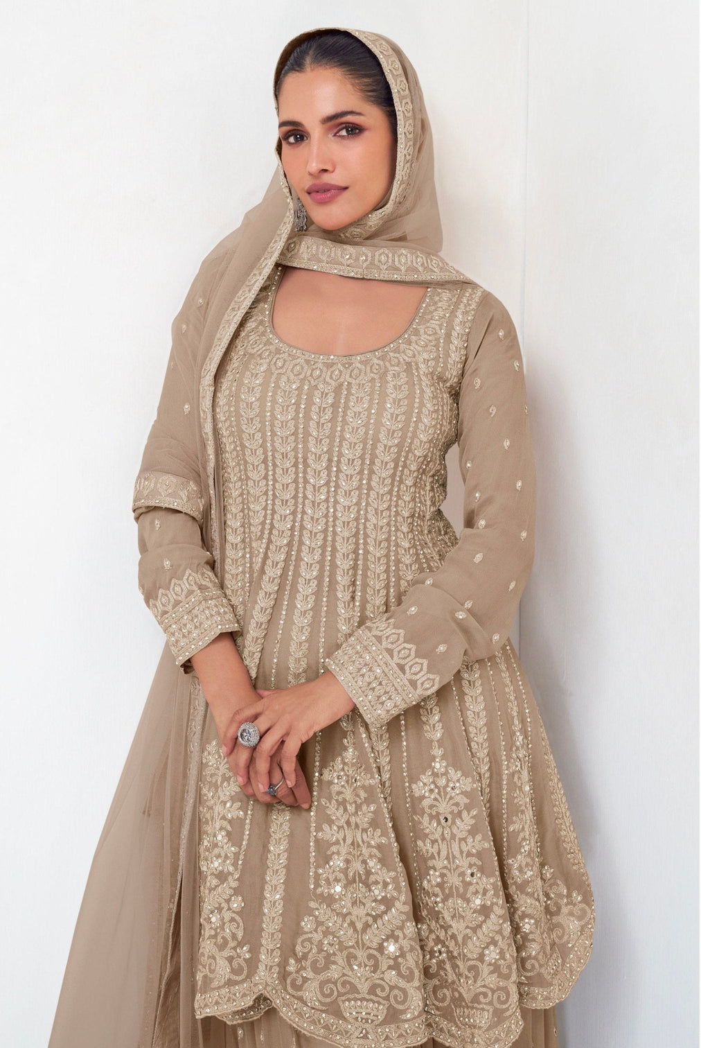 Beige Elegant Georgette Embroidered Kurta Palazzo Set with Lace Dupatta