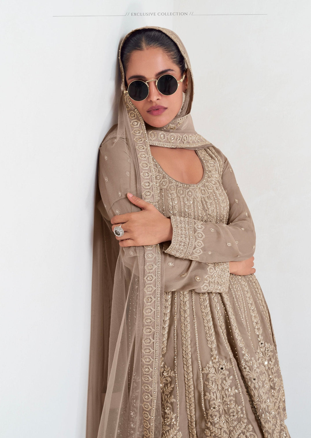 Beige Elegant Georgette Embroidered Kurta Palazzo Set with Lace Dupatta