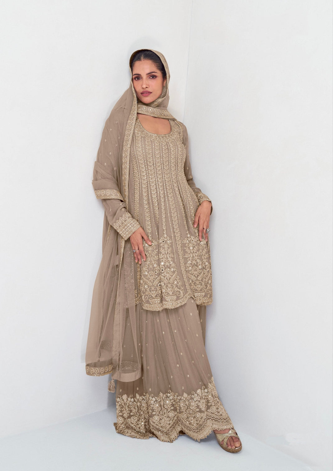 Beige Elegant Georgette Embroidered Kurta Palazzo Set with Lace Dupatta