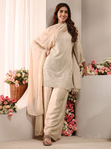 Libas Beige Embellished Chinon Straight Suit Set With Dupatta