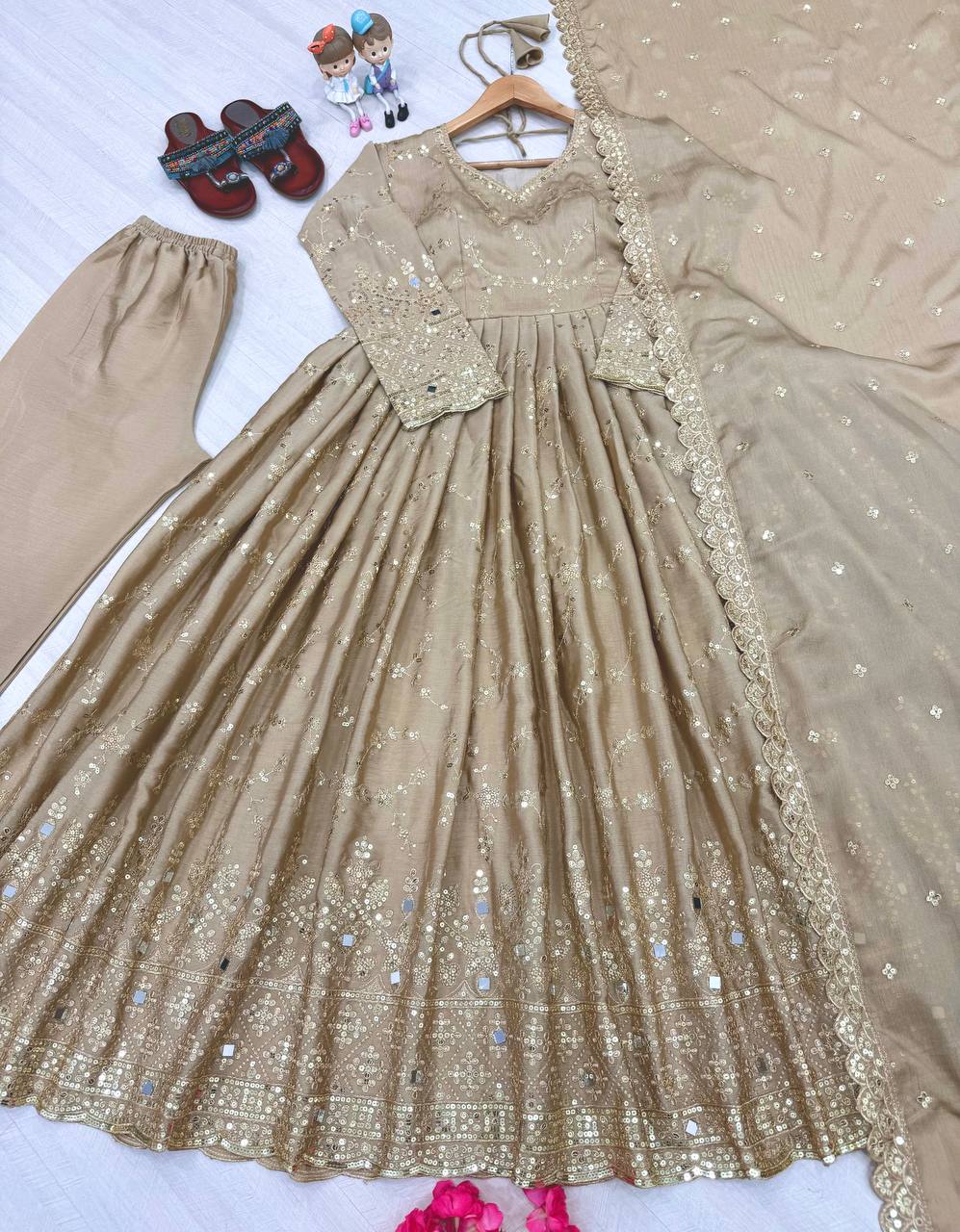 Beige Embroidered Chinon Silk Anarkali Gown Set with Sequins, Mirror Work & Cutwork Dupatta – Fully Stitched