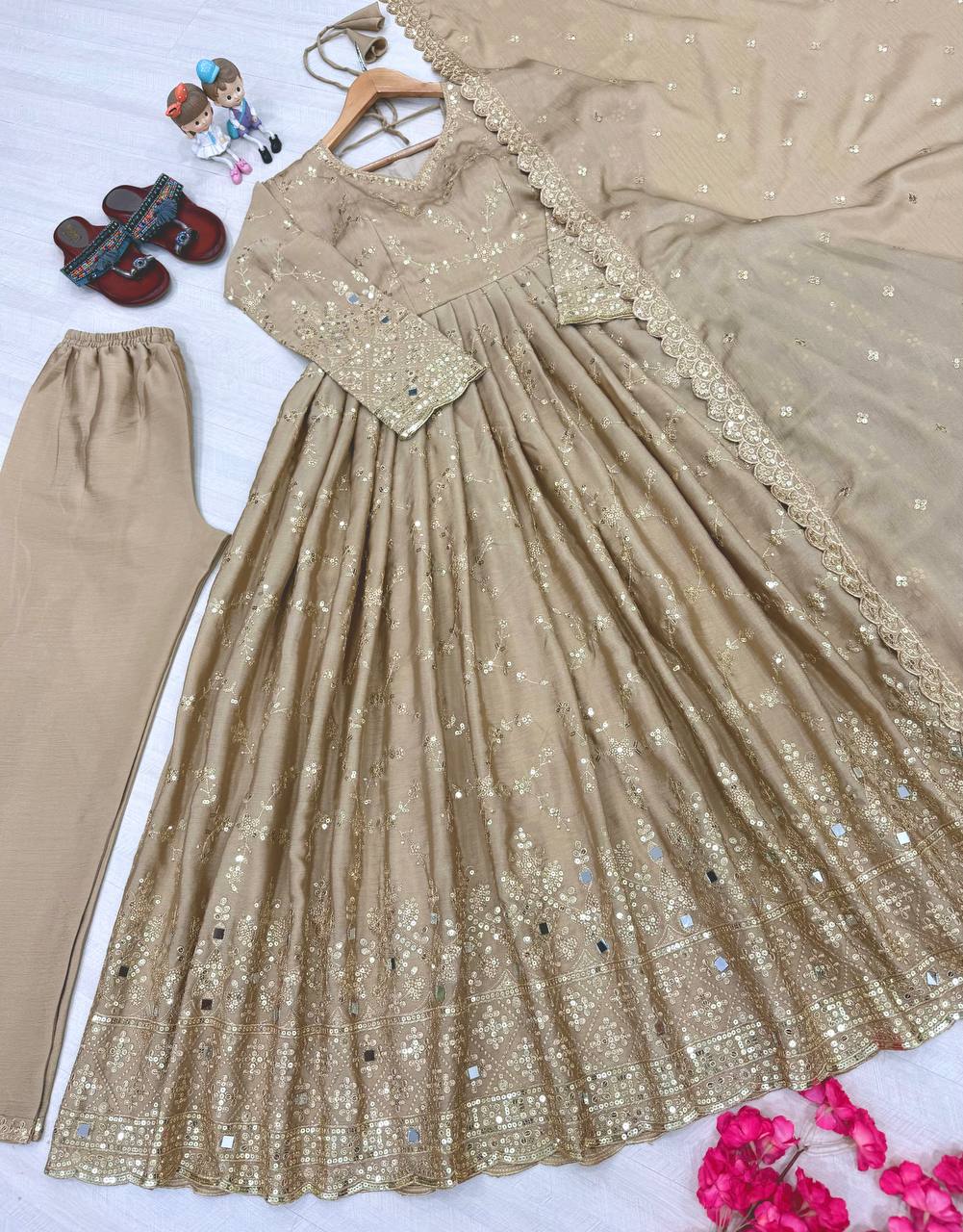 Beige Embroidered Chinon Silk Anarkali Gown Set with Sequins, Mirror Work & Cutwork Dupatta – Fully Stitched
