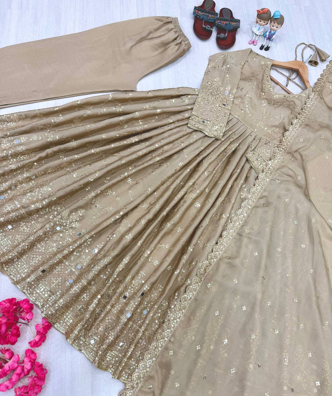 Beige Embroidered Chinon Silk Anarkali Gown Set with Sequins, Mirror Work & Cutwork Dupatta – Fully Stitched