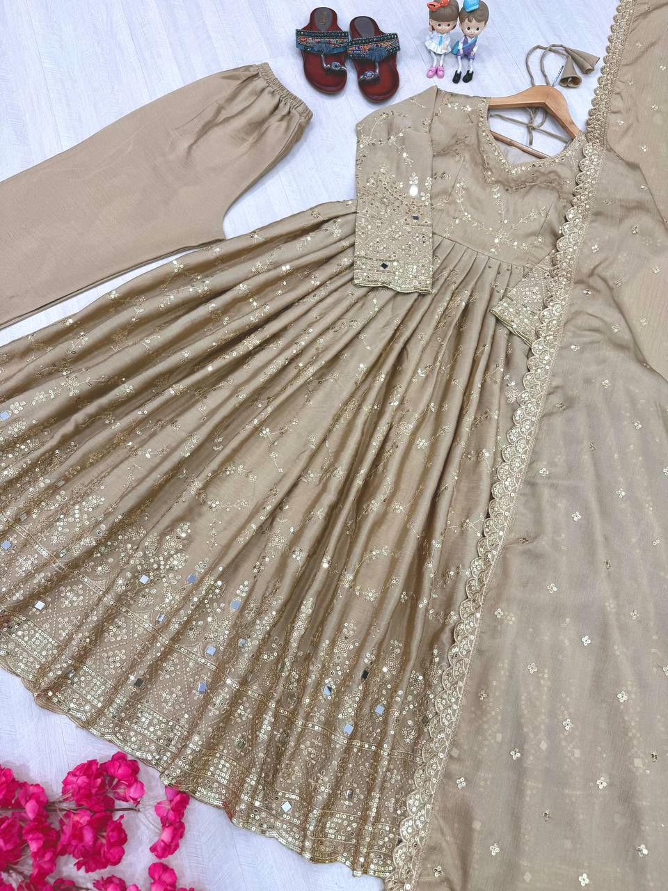 Beige Embroidered Chinon Silk Anarkali Gown Set with Sequins, Mirror Work & Cutwork Dupatta – Fully Stitched