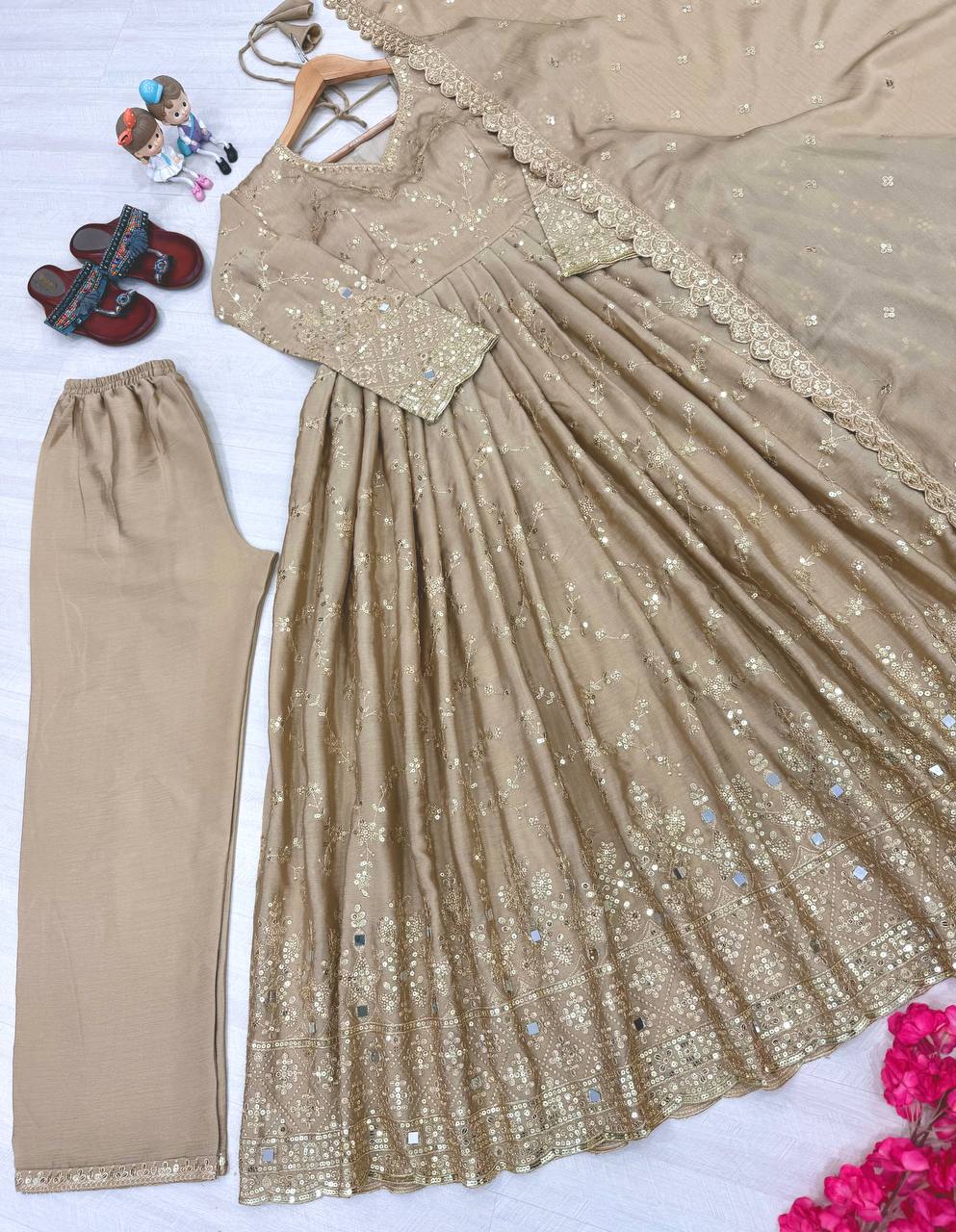 Beige Embroidered Chinon Silk Anarkali Gown Set with Sequins, Mirror Work & Cutwork Dupatta – Fully Stitched