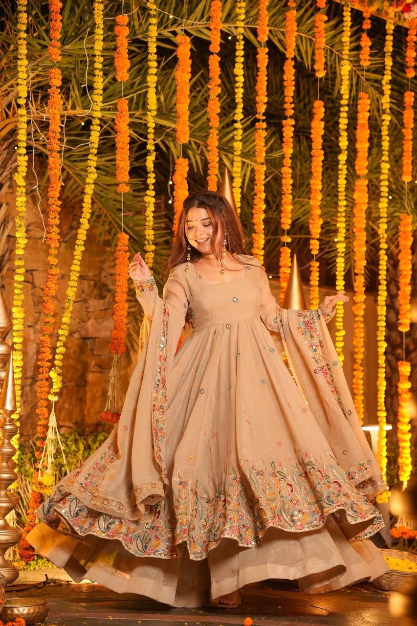 Beige Embroidered Gown Sharara Set