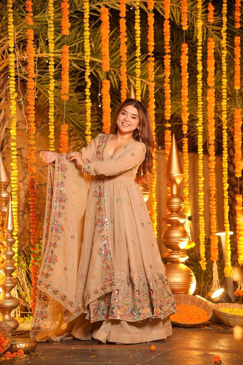 Beige Embroidered Gown Sharara Set