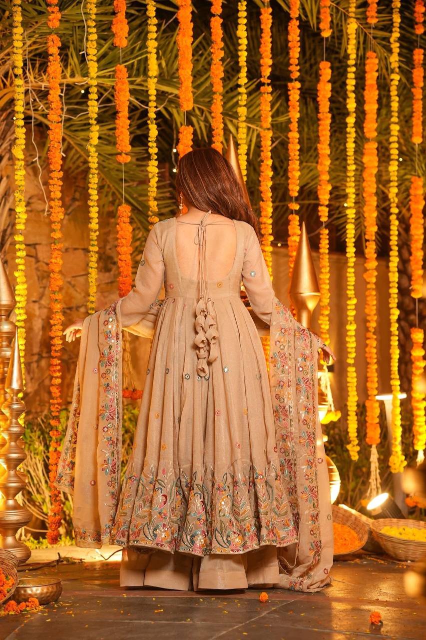 Beige Embroidered Gown Sharara Set