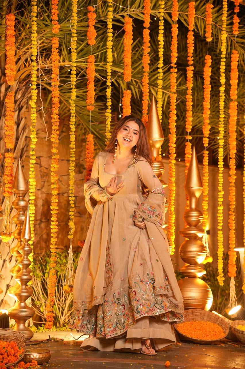 Beige Embroidered Gown Sharara Set
