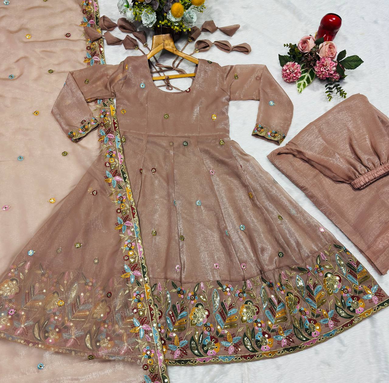 Beige Embroidered Gown Sharara Set