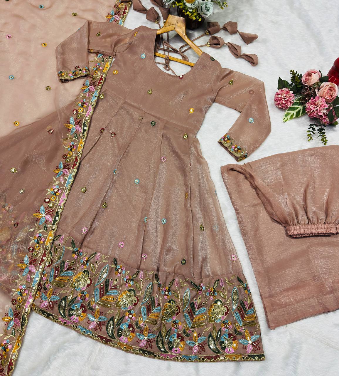 Beige Embroidered Gown Sharara Set