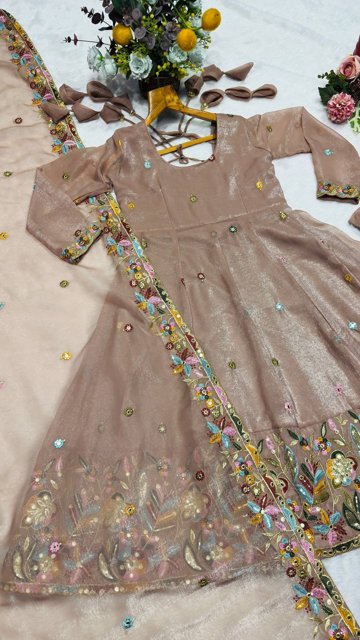 Beige Embroidered Gown Sharara Set