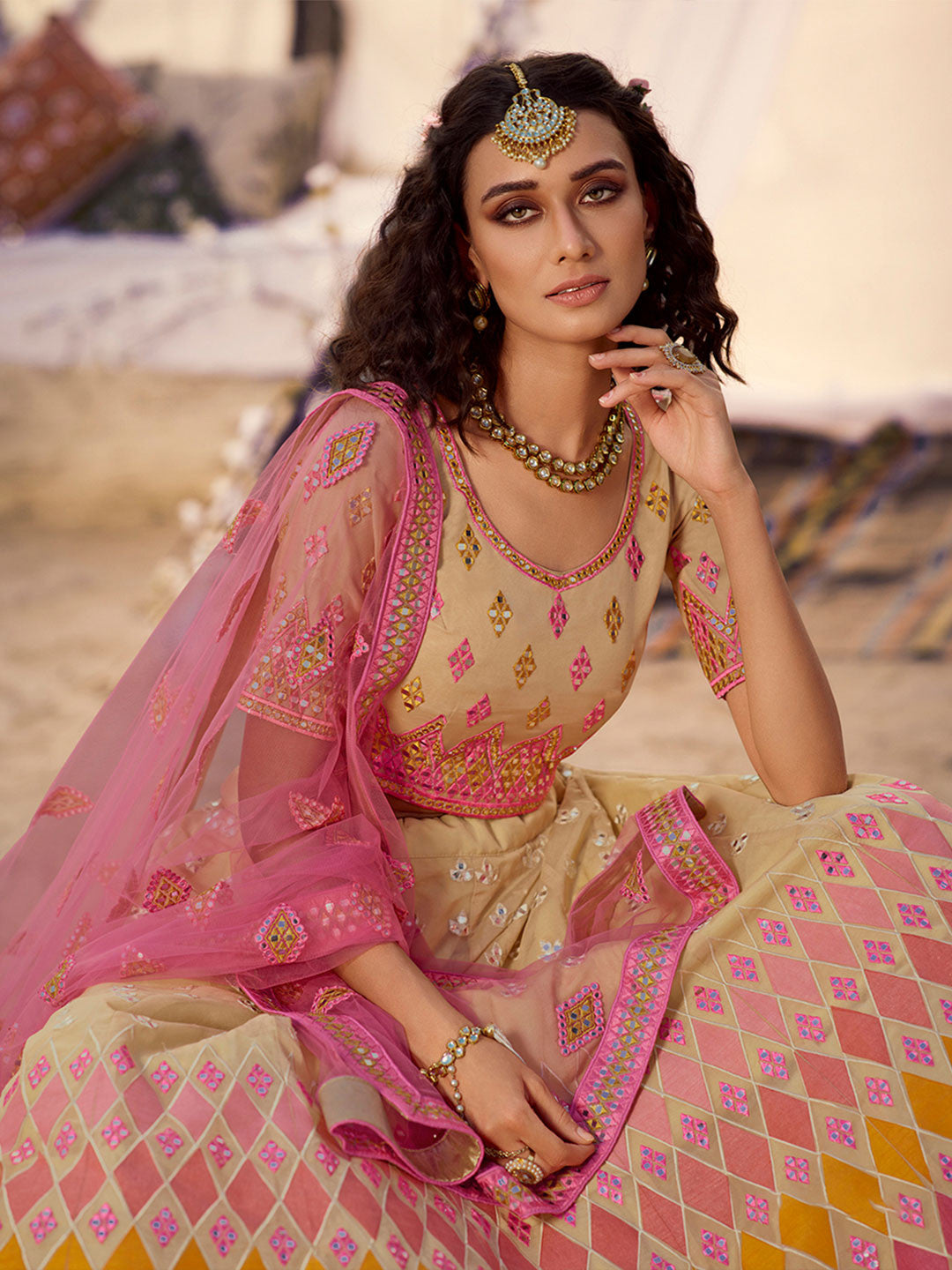 Beige Embroidered Organza Lehenga