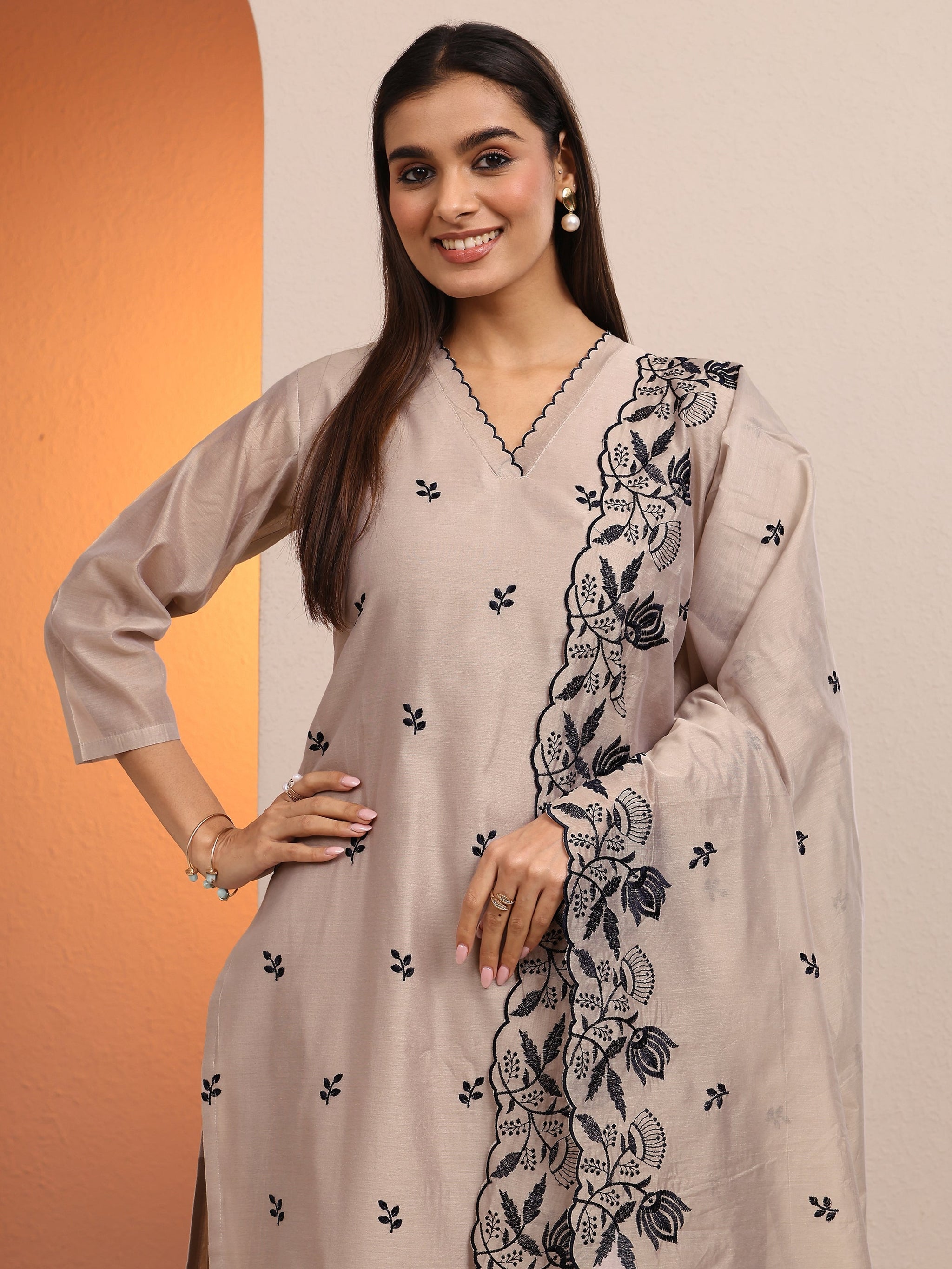 Libas Beige Embroidered Silk blend Straight Suit Set With Dupatta