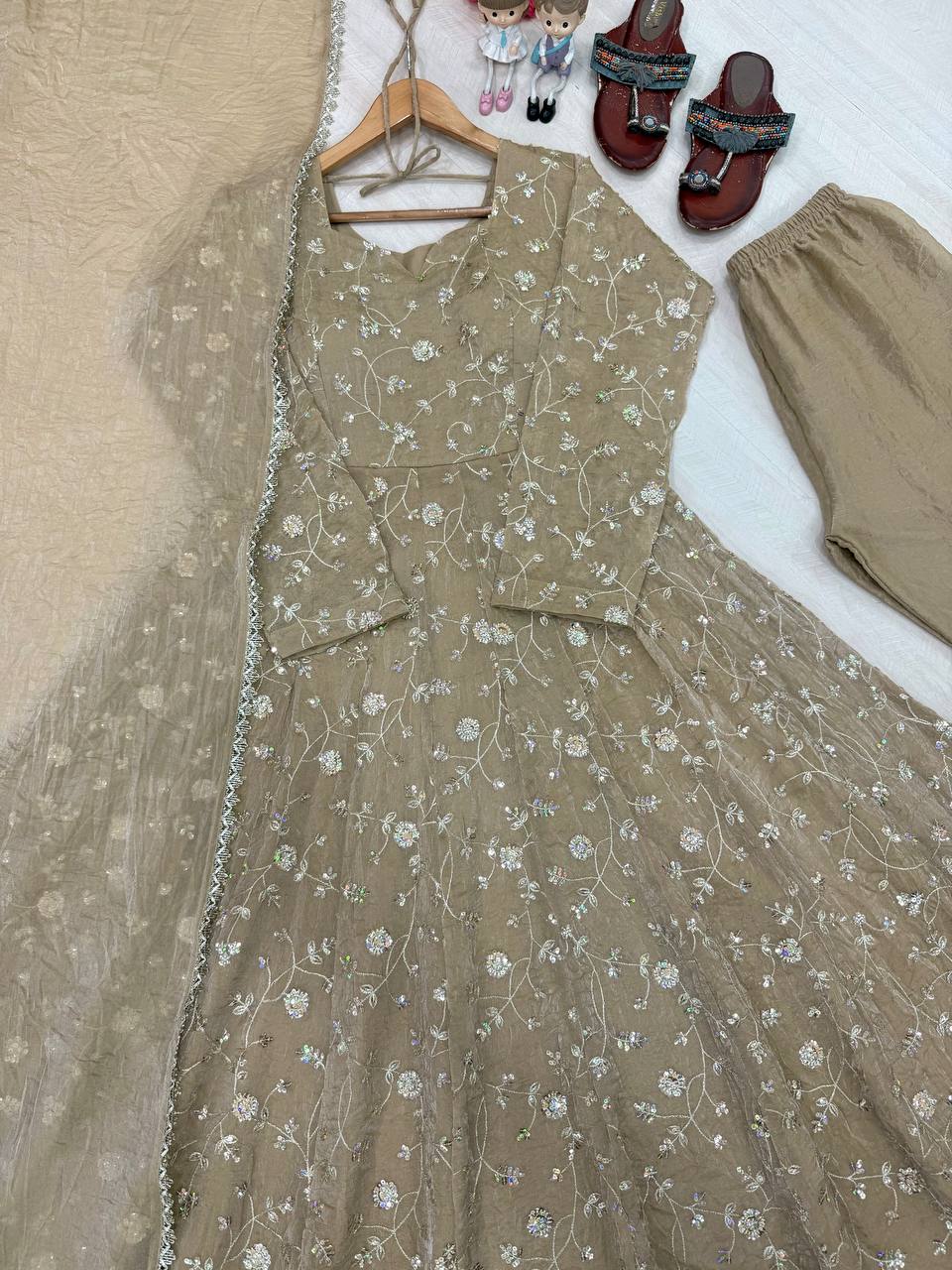 Beige Fendi Crush Anarkali Gown