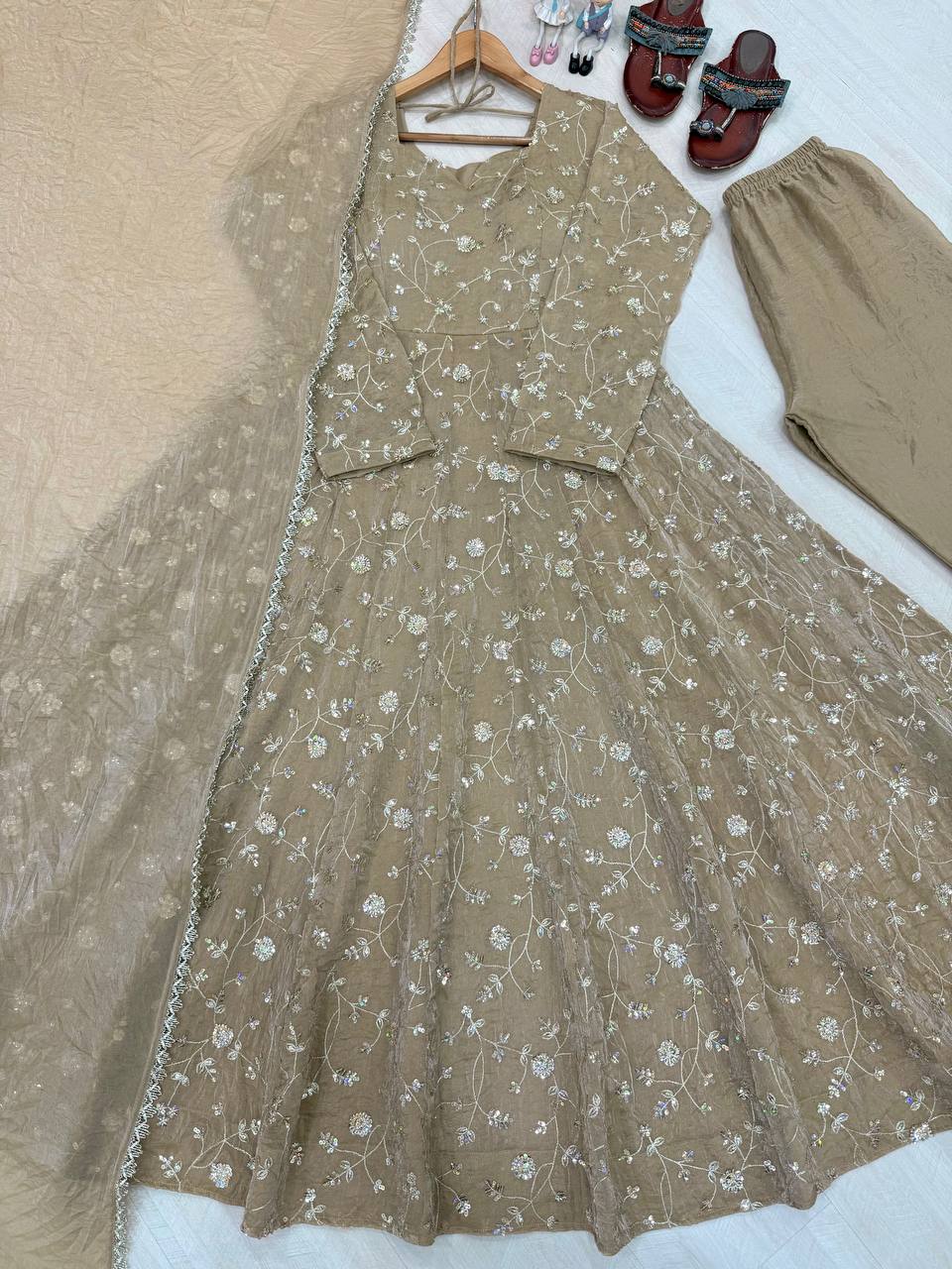 Beige Fendi Crush Anarkali Gown
