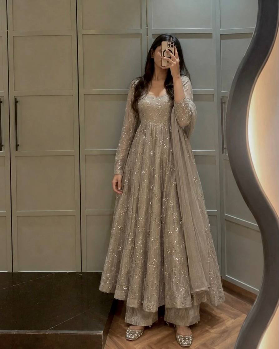 Beige Fendi Crush Anarkali Gown