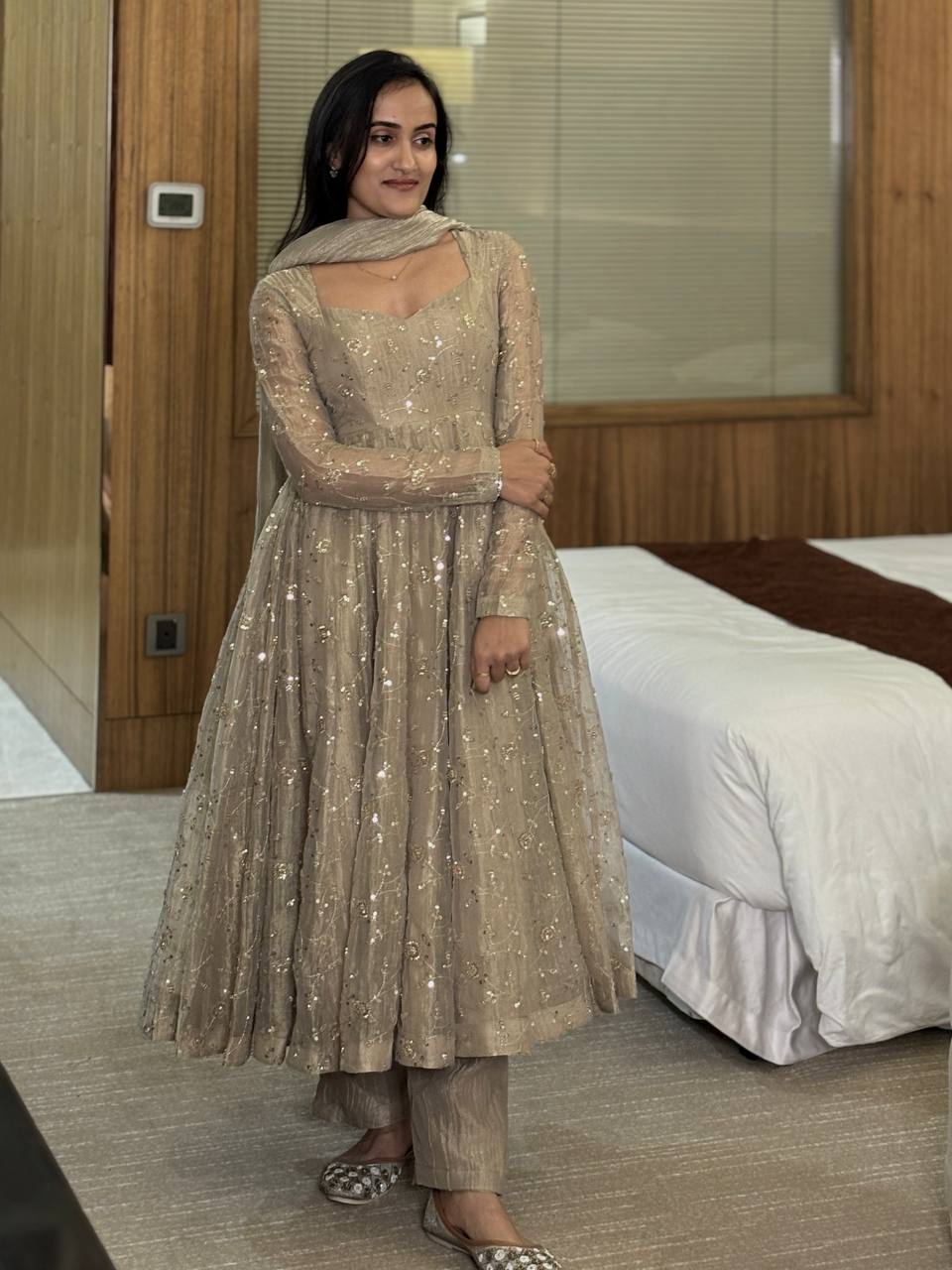 Beige Fendi Crush Anarkali Gown