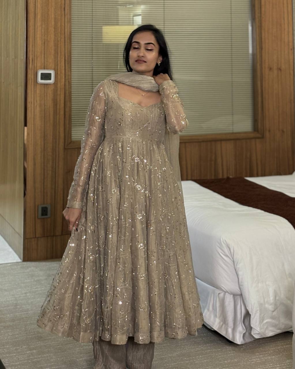 Beige Fendi Crush Anarkali Gown