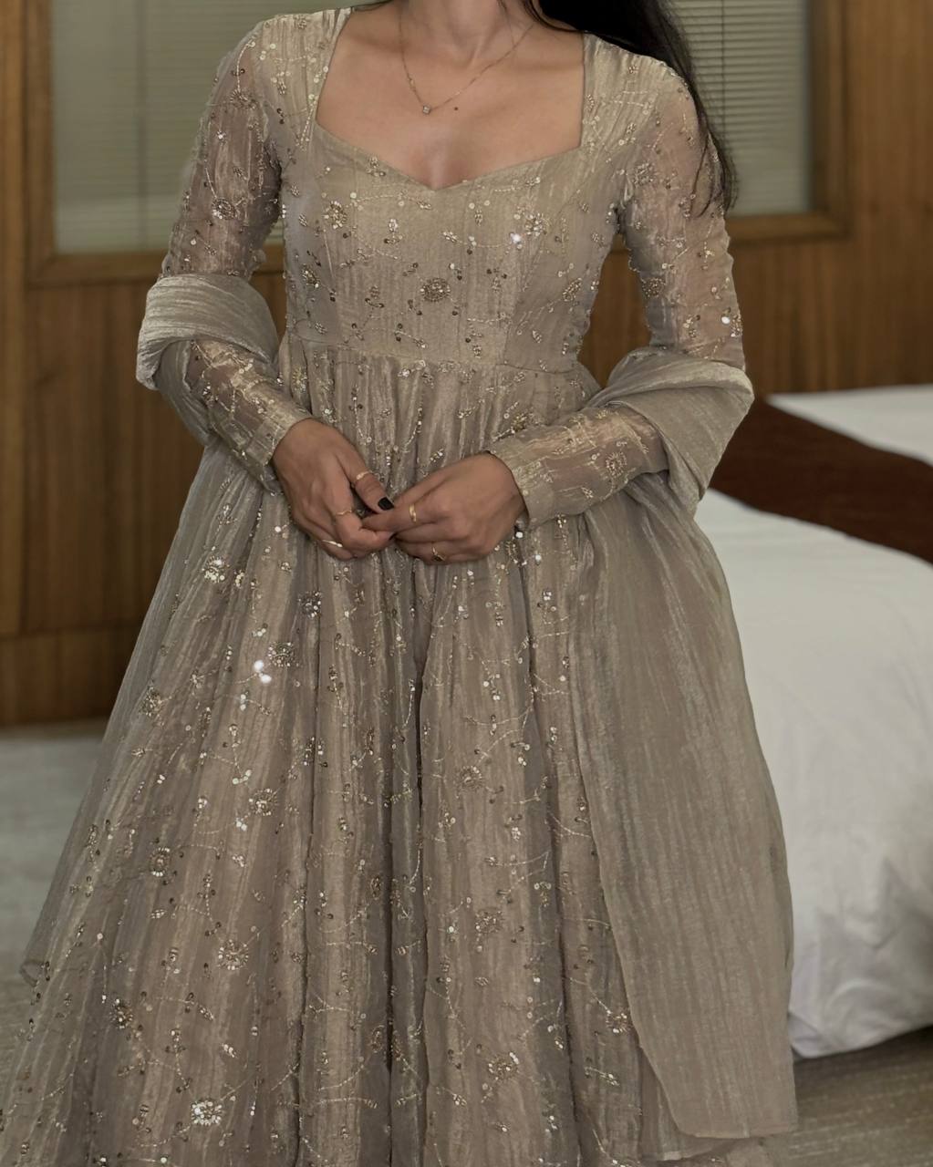 Beige Fendi Crush Anarkali Gown