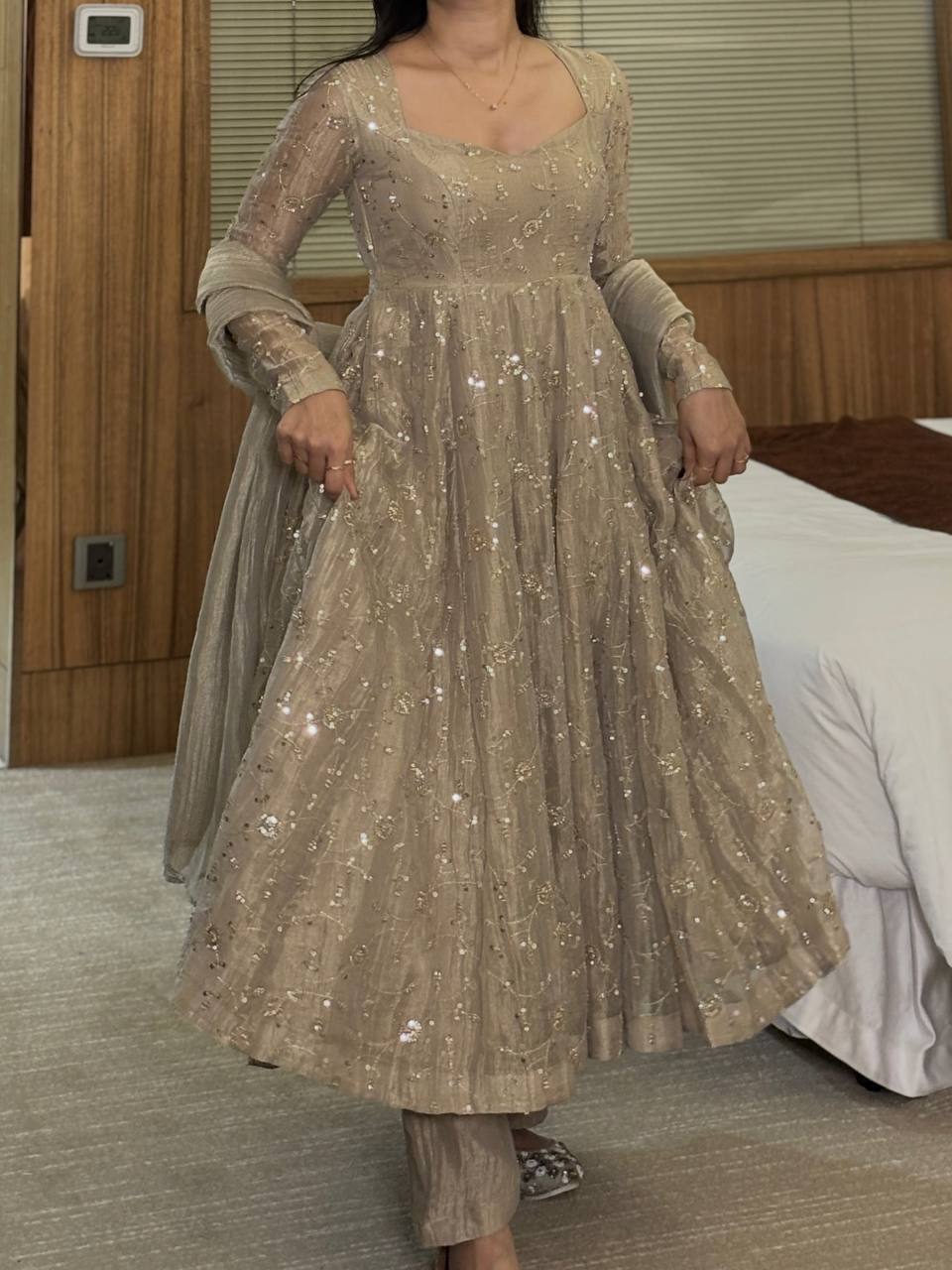 Beige Fendi Crush Anarkali Gown