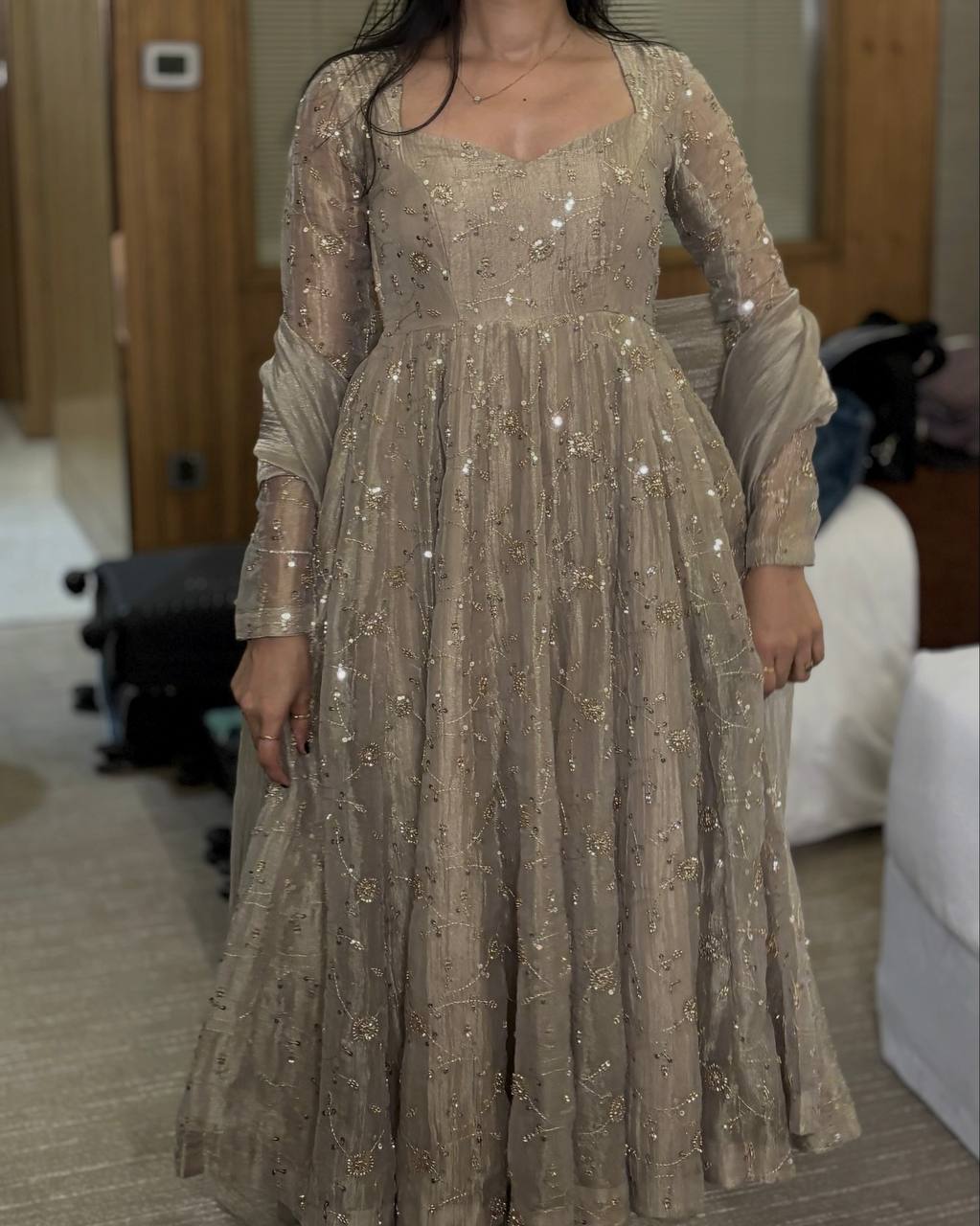 Beige Fendi Crush Anarkali Gown