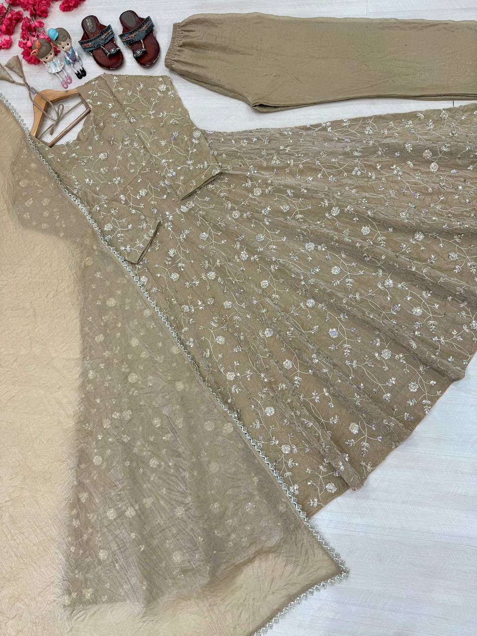 Beige Fendi Crush Anarkali Gown