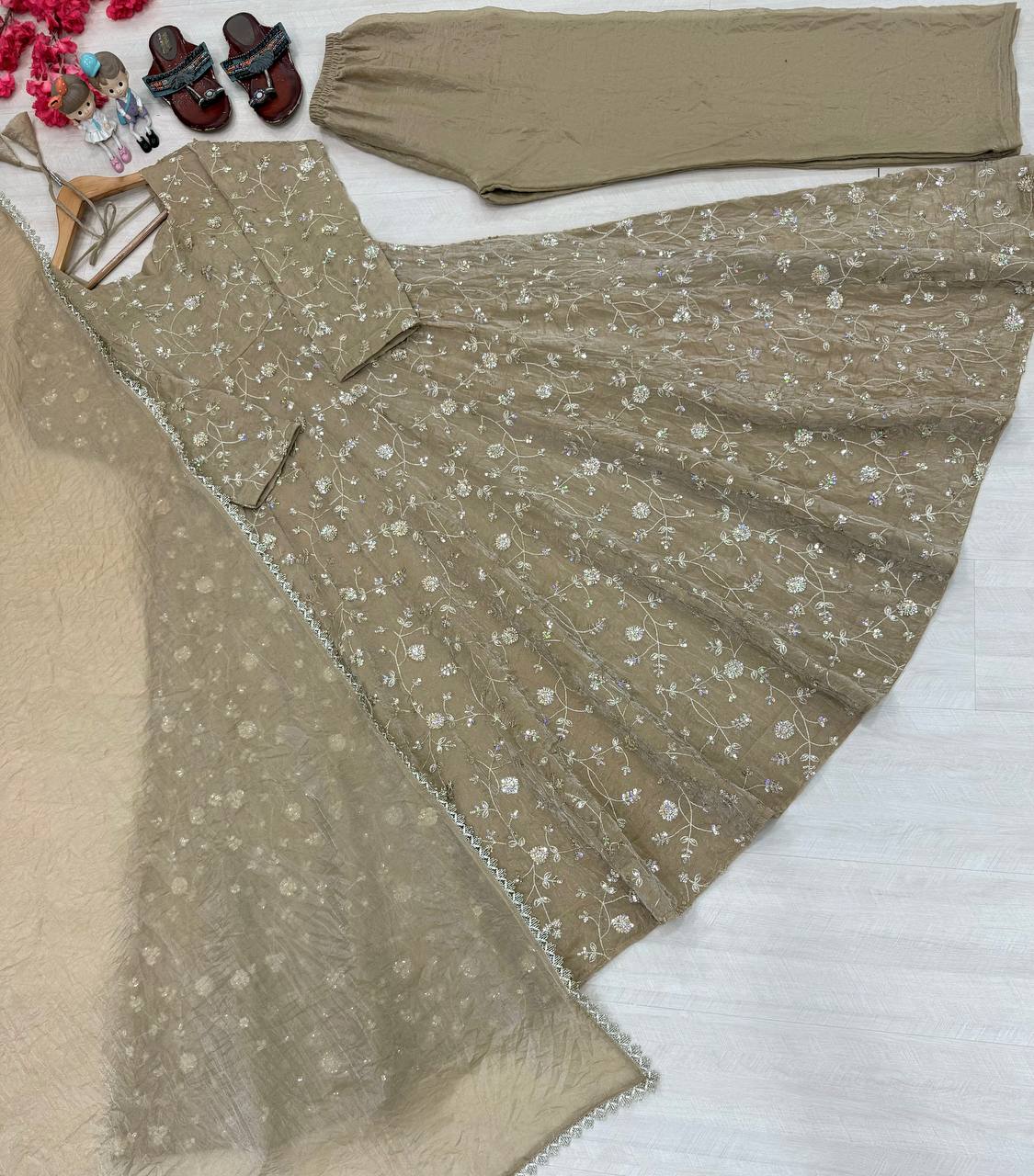 Beige Fendi Crush Anarkali Gown
