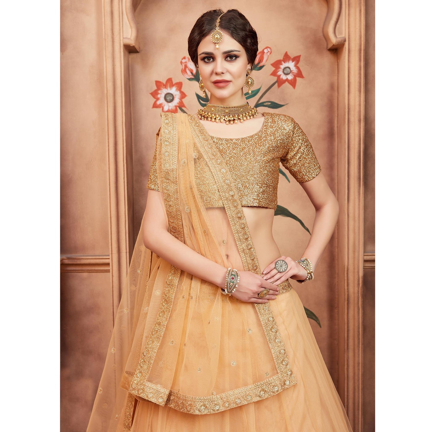 Beige Festive Wear Sequins Dori Work Soft Net Lehenga Choli