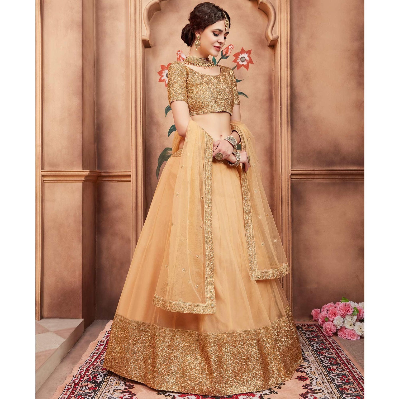 Beige Festive Wear Sequins Dori Work Soft Net Lehenga Choli