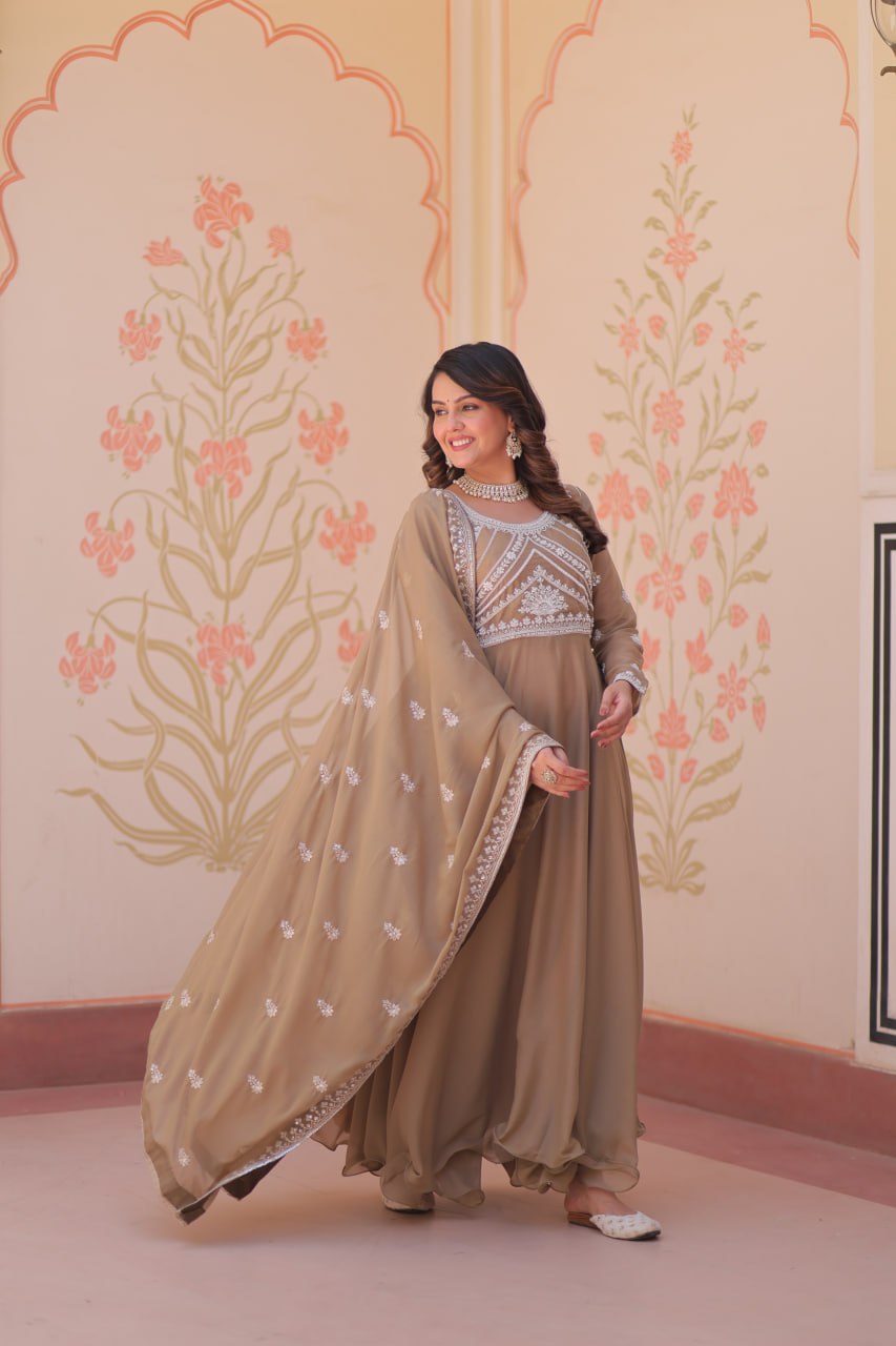 Beige Georgette Sequins Embroidered Gown