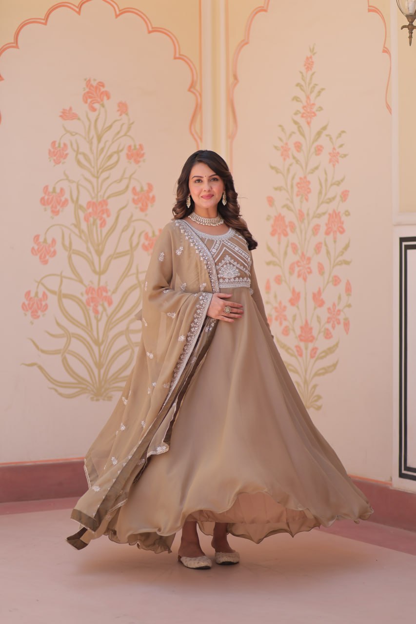 Beige Georgette Sequins Embroidered Gown
