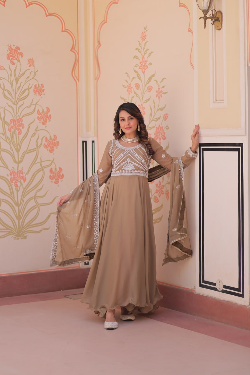 Beige Georgette Sequins Embroidered Gown