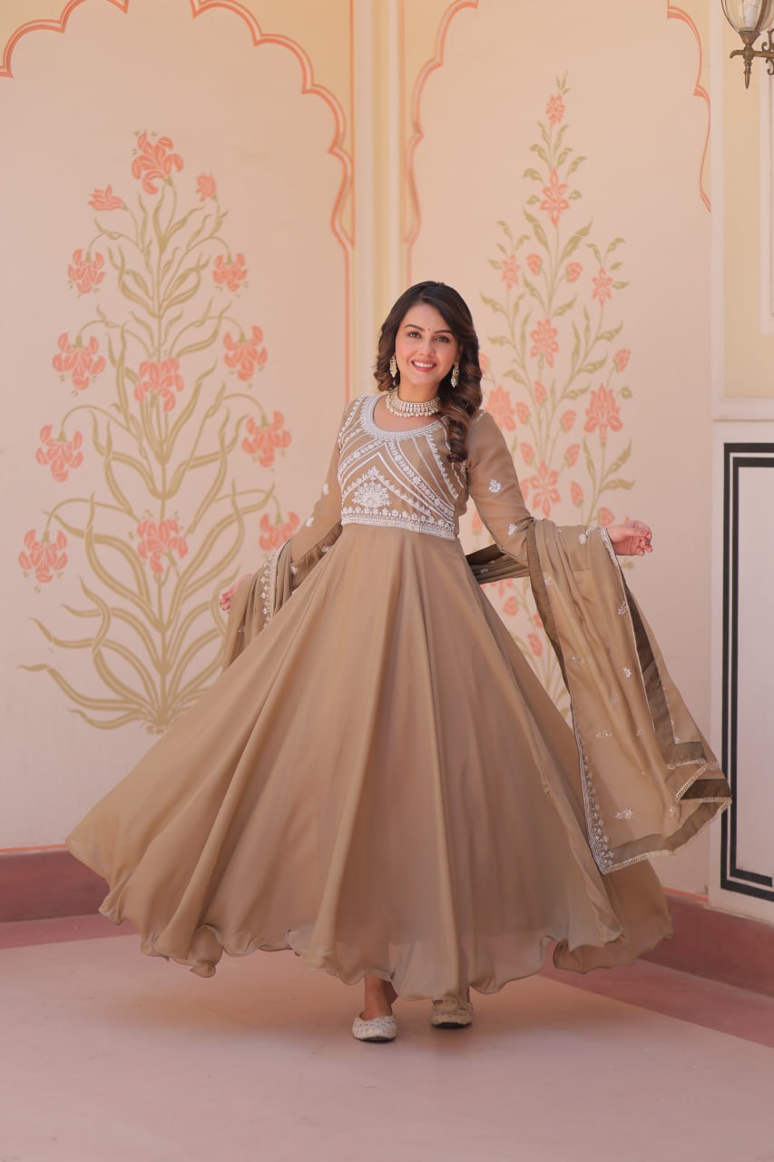 Beige Georgette Sequins Embroidered Gown