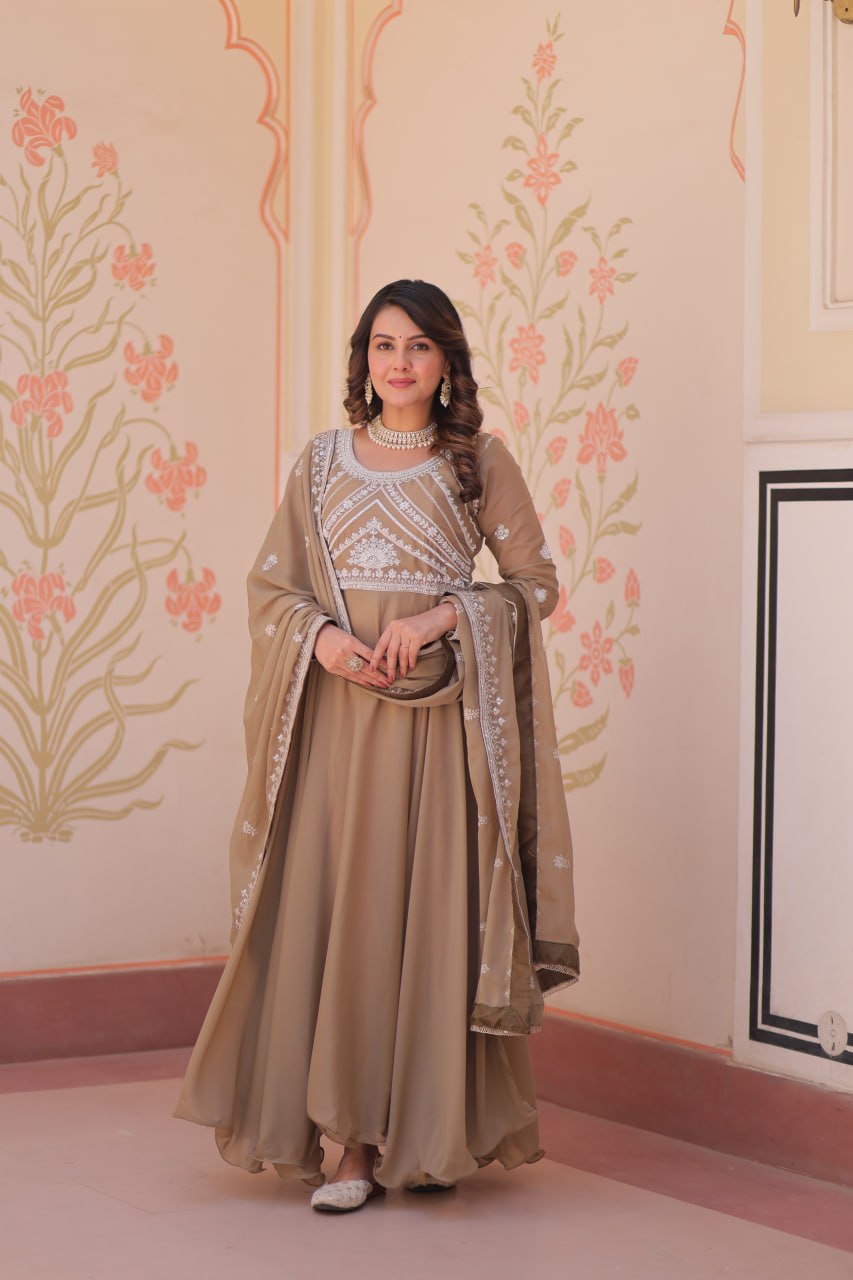 Beige Georgette Sequins Embroidered Gown