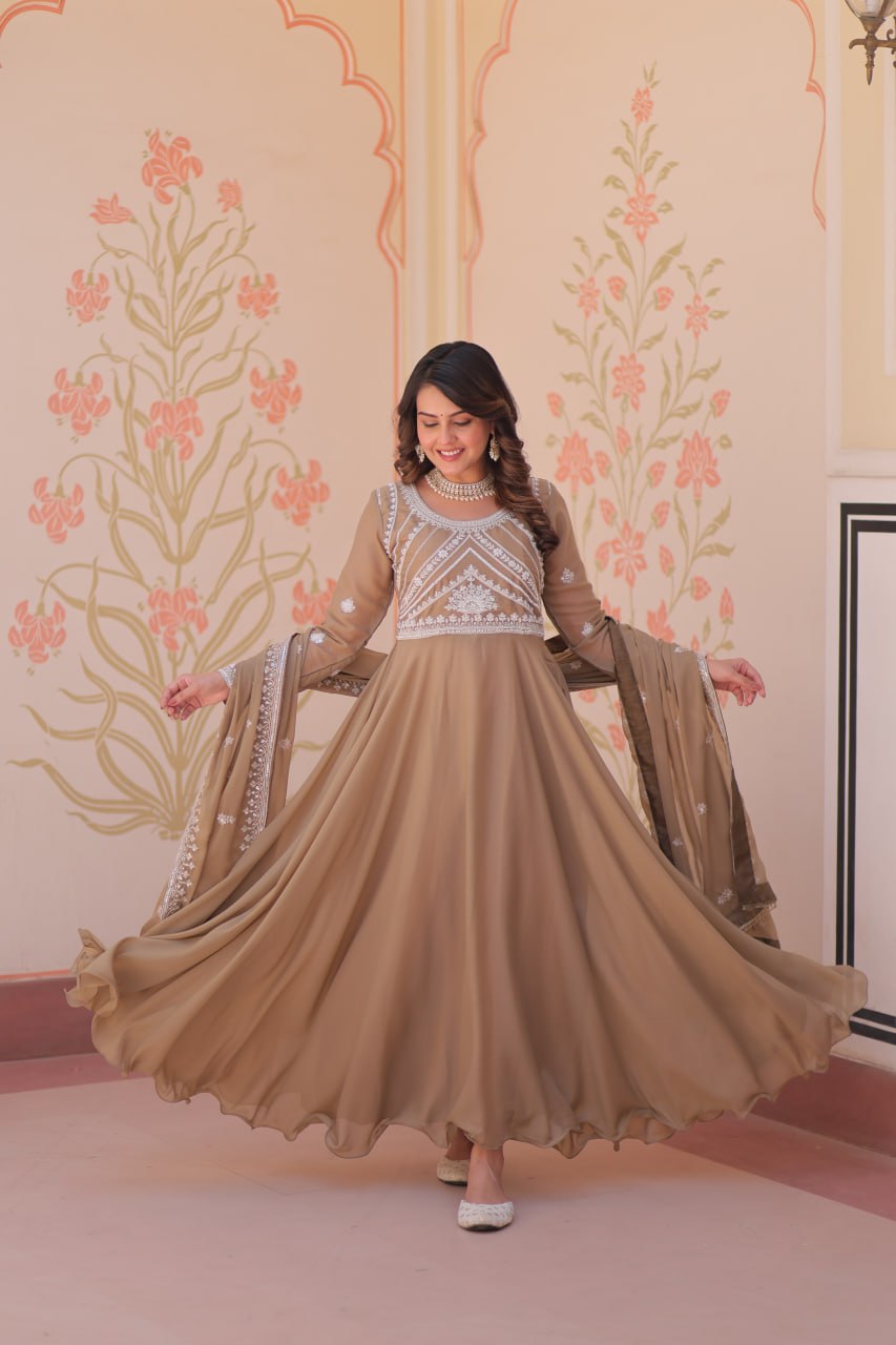 Beige Georgette Sequins Embroidered Gown