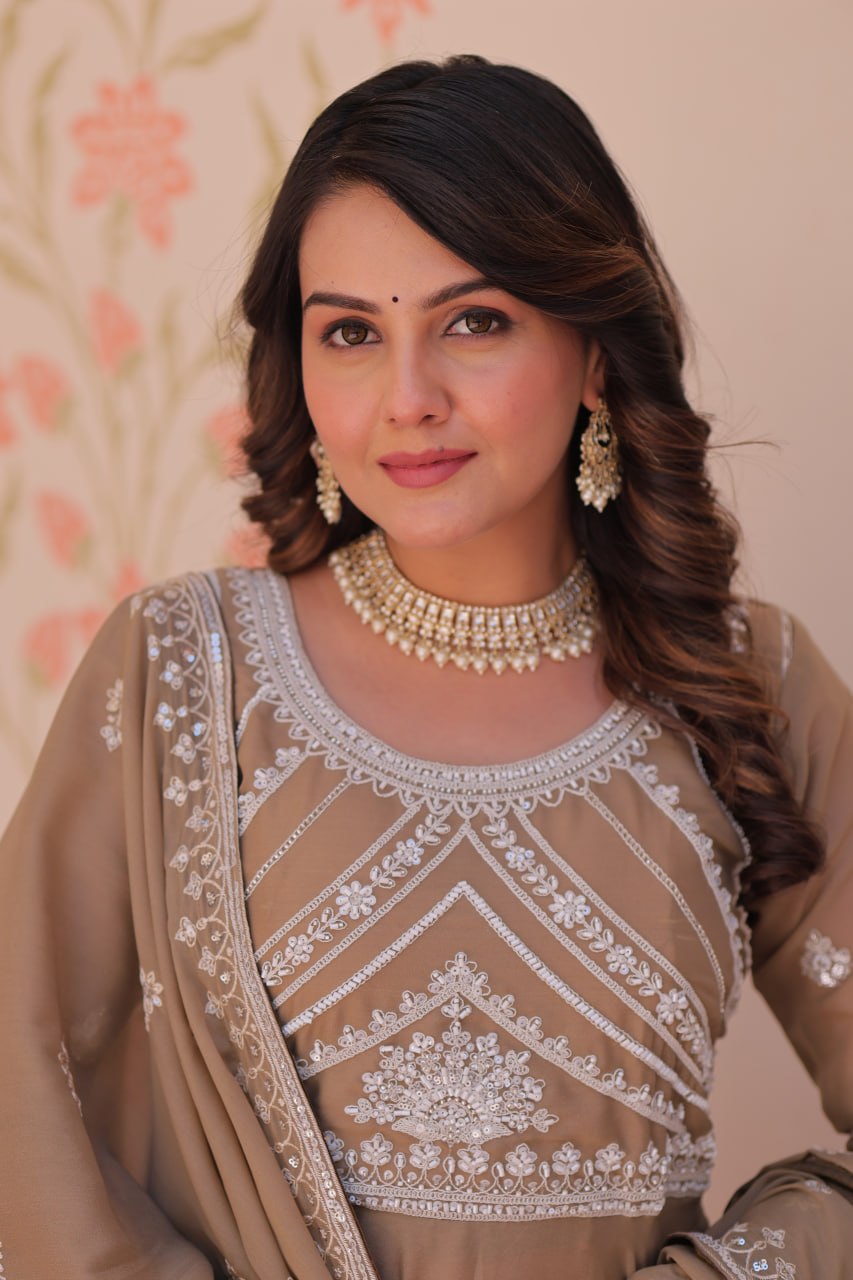 Beige Georgette Sequins Embroidered Gown