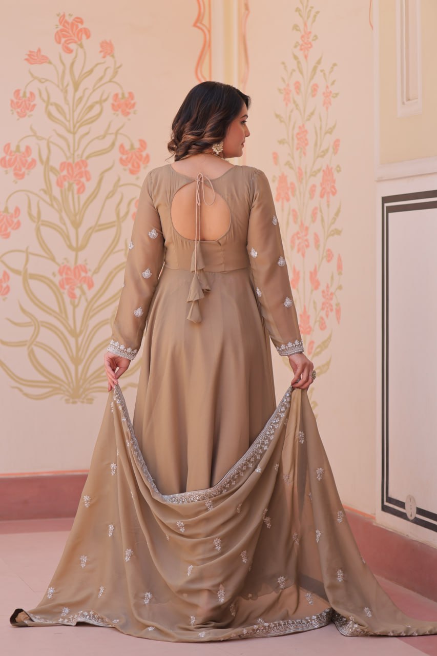 Beige Georgette Sequins Embroidered Gown